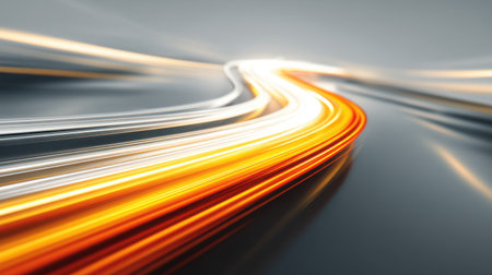 An abstract representation of swirling light trails in vibrant orange and white hues, showcasing dynamic motion against a smooth gray background for creative projects.の素材
