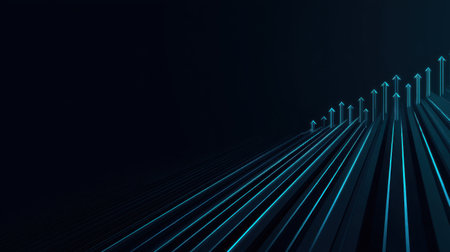 This abstract image features glowing arrows pointing upwards, representing growth and progress. Ideal for concepts in technology, business, and innovation.の素材