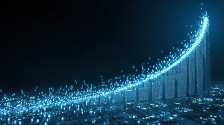 Dynamic digital growth chart with blue glowing particles illustrates financial success and business improvement concepts through innovative data visualization techniques.の素材