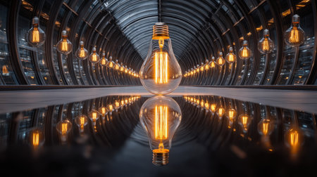 Captivating interior scene showcasing vintage light bulbs that create a warm atmosphere in a modern architectural setting. The reflections enhance the visual charm.の素材