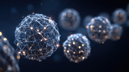This stunning abstract image features molecular structures represented as glowing spheres and connecting lines, creating a digital landscape full of intrigue and beauty.の素材