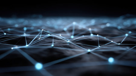 This abstract image showcases glowing blue nodes interconnected by lines, symbolizing modern technology, data flow, and digital communication in a vast, intricate network.の素材