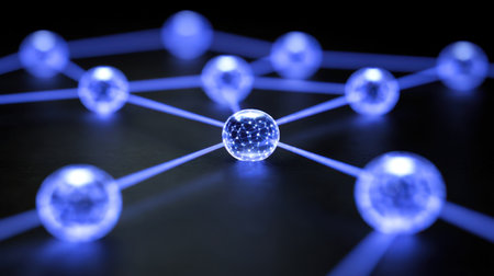 This image portrays an abstract digital network with glowing spheres and luminous connections, symbolizing technology, communication, and modern scientific innovation.の素材