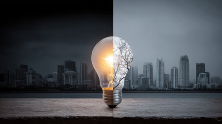 A striking visual featuring a light bulb intertwined with a tree, set against a contrasting urban backdrop, symbolizing the balance between nature and city life.の素材