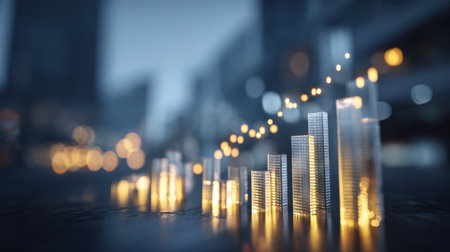 This abstract image captures the essence of financial growth with illuminated skyscrapers and dynamic lines, symbolizing progress and innovation in a modern urban environment.の素材
