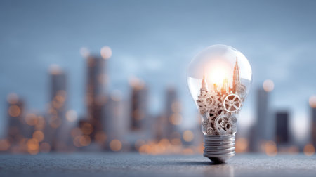 This image showcases a light bulb featuring a city skyline and gears, symbolizing innovation and creativity within a modern urban environment.の素材