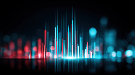 A striking abstract data visualization showcasing vibrant red and blue tones with dynamic lines and peaks, representing statistical information in a modern digital context.の素材