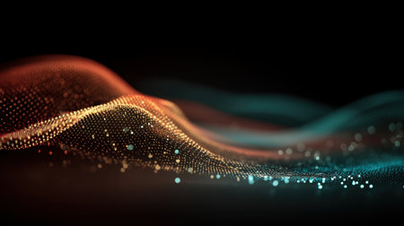 Captivating abstract image of colorful waves of light and particles, representing energy and motion in a dark space, ideal for modern digital design projects.の素材