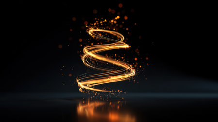 A stunning visual of a golden spiral made of light and glitter, creating a feeling of movement and elegance against a dark backdrop, perfect for artistic or digital projects.の素材