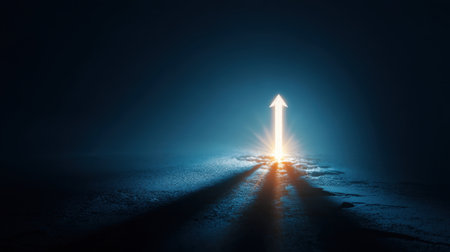 This abstract image features a glowing upward arrow emerging from a dark space, representing hope and progress, ideal for themes of inspiration and motivation.の素材