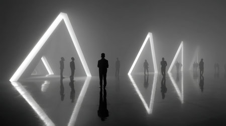 Monochrome image featuring people amidst foggy surroundings and glowing triangular shapes. It highlights an atmosphere of mystery and modern artistic expression.の素材
