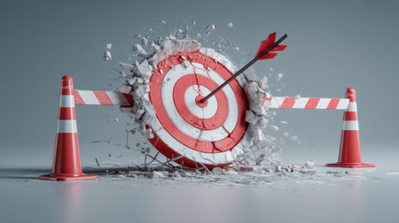 Dynamic illustration of a target with an arrow embedded, surrounded by traffic cones and caution tape, representing focus, achievement, and breaking barriers in creative pursuits.の素材