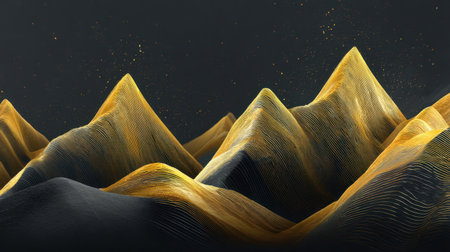 Explore a stunning abstract illustration of golden mountains with smooth textures, showcasing dramatic lighting against a dark backdrop, perfect for modern design.の素材