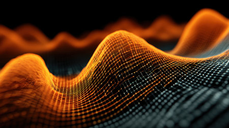 This abstract image features smooth waves of vibrant orange against a black background, creating a striking visual representation of energy and depth for technology and art.の素材