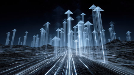 This captivating abstract image showcases arrows rising towards the night sky, symbolizing growth, progress, and innovation in a dynamic digital landscape.の素材