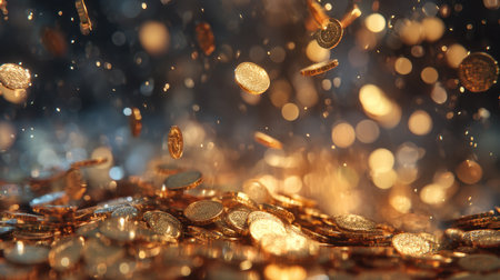 A mesmerizing scene captures gold coins falling gracefully, surrounded by a sparkling bokeh effect. This image symbolizes wealth and prosperity, ideal for finance-related projects.の素材