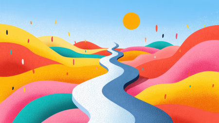 This vibrant abstract landscape features a winding river flowing through colorful hills under a bright sunny sky. Perfect for creative projects and artistic expressions.の素材