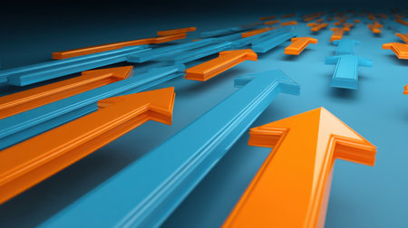This striking image features 3D arrows in blue and orange colors pointing in various directions, symbolizing movement and dynamic change for creative projects.の素材