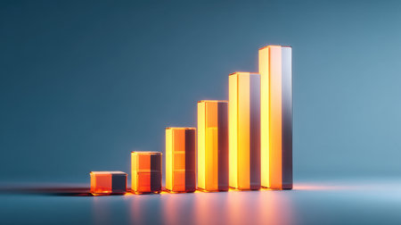 Dynamic representation of a rising bar graph in bright tones against a blue gradient backdrop, symbolizing data growth and business success through visual analytics.の素材