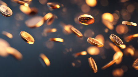 Dynamic image of falling coins with a shimmering gold finish against a dark background, perfect for financial themes, wealth concepts, or investment visuals.の素材