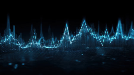 Modern abstract visualization of data trends with glowing blue waveforms on a dark background, capturing the essence of technology and financial analytics.の素材