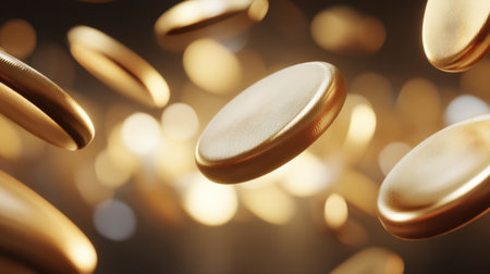 An enchanting scene of golden coins floating gracefully against a soft bokeh backdrop, evoking feelings of luxury, wealth, and prosperity in a creative visual composition.の素材
