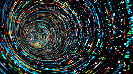 A vibrant digital swirl tunnel featuring abstract light trails and motion effects, creating a sense of energy flow and dynamic movement against a dark background.の素材