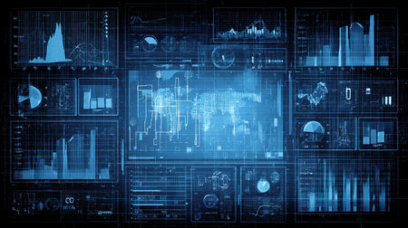 High-tech interface showcasing a range of charts, graphs, and a world map in blue tones, ideal for representing complex data analytics and visual insights.の素材