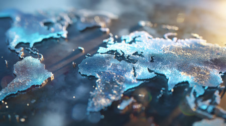 This abstract world map showcases a unique texture in blue and silver tones against a dark background, symbolizing global connectivity and geographical features.の素材