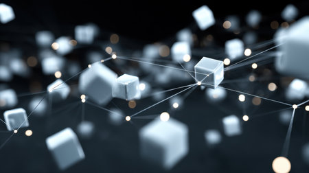 Explore a captivating digital network of white geometric shapes connected by luminous lines, embodying the essence of modern technology and abstract art.の素材