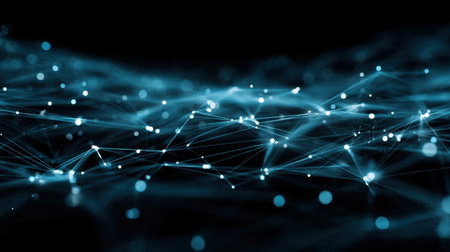 Explore a mesmerizing abstract digital network illustration featuring glowing blue lights and intricate connections, ideal for technology and science themes.の素材