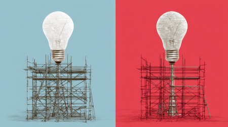 This image contrasts innovation and construction with a light bulb on scaffolding, symbolizing creativity and progress in modern design and architecture.の素材