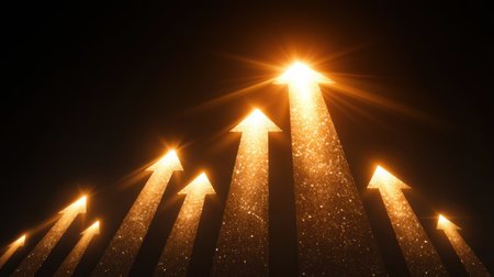 A striking image of glowing golden arrows extending upward against a dark backdrop, representing themes of growth, success, and forward momentum in life and business.の素材