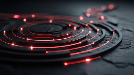 A captivating abstract technology scene featuring glowing red lines in spirals on a dark surface, illustrating innovation and artistic design in modern digital art.の素材