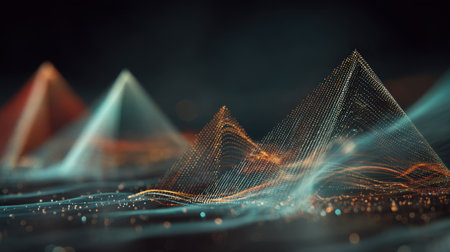 This digital art piece features a stunning abstract representation of data with glowing pyramids and flowing lines, capturing the essence of modern technology and creativity.の素材