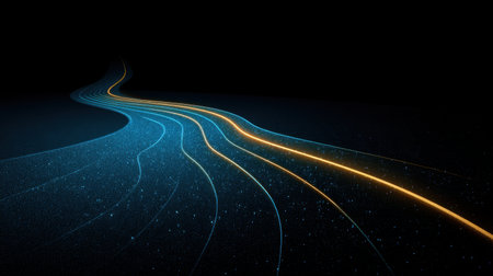 A stunning abstract illustration featuring luminous light trails that elegantly curve through a dark background, evoking a sense of movement and tranquility.の素材
