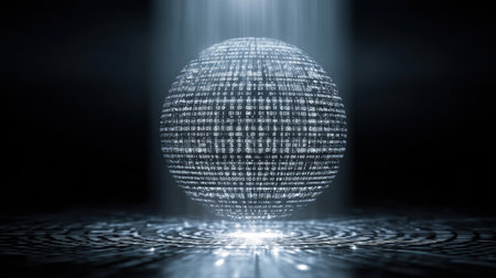 A captivating digital sphere composed of glowing binary code radiates light, symbolizing the intersection of data and technology in a futuristic environment.の素材