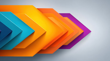 Vibrant geometric arrows in shades of blue, orange, and purple create a dynamic visual effect. Ideal for modern design and artistic projects, adding energy and creativity to any setting.の素材