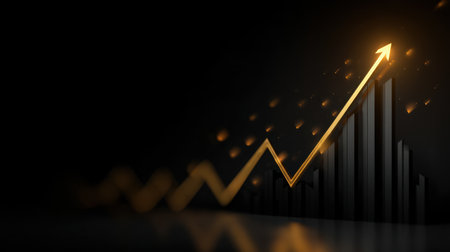 This image showcases a striking golden arrow ascending sharply against a dark backdrop, representing financial growth, success, and opportunity in various business sectors.の素材