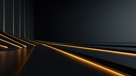 This abstract image features a dark space with glowing light lines, showcasing a modern aesthetic that emphasizes simplicity, elegance, and geometric shapes.の素材