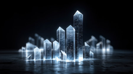 Explore an abstract digital landscape featuring intricate crystal structures with reflective surfaces and dynamic lighting, set against a dark background for a striking visual impact.の素材