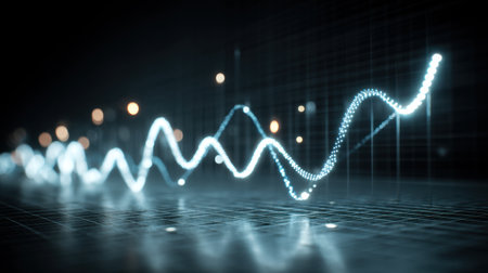Captivating light wave graph illustrates data trends with dynamic illumination on a dark background, symbolizing the intersection of finance and technology.の素材
