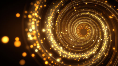 A mesmerizing golden swirl with sparkling particles radiates energy and elegance, perfect for abstract backgrounds and digital designs. Ideal for creative projects.の素材