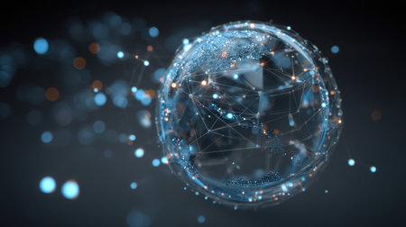 This abstract digital globe illustrates glowing connections and nodes representing technology and data, creating a sense of innovation and global networking in a dark atmosphere.の素材