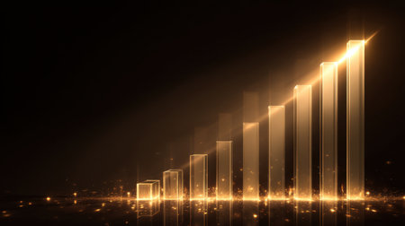 Stunning abstract image of a glowing financial graph composed of illuminated bars rising against a dark background, symbolizing growth and success in business ventures.の素材