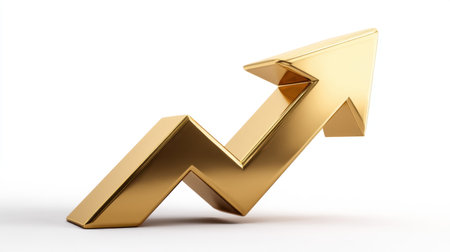 A striking golden arrow design symbolizing upward growth and financial success, perfect for concepts related to progress, investment, and business development.の素材