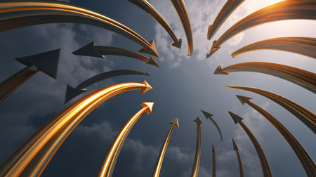 A visually striking image of golden arrows radiating upward through a dark sky, representing growth, ambition, and the drive for success and motivation.の素材