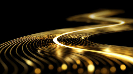 This captivating image features elegant golden lines that swirl gracefully against a dark backdrop, creating a stunning visual effect full of light and movement.の素材