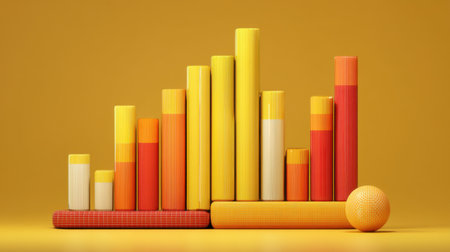 This vibrant 3D graph features colorful bars in varying heights and shades of yellow, orange, and red, set against a bright yellow backdrop, perfect for vibrant data visualization.の素材