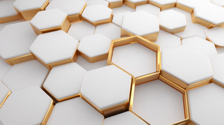 A modern abstract pattern featuring interlocking hexagonal shapes in white and gold tones, suitable for backgrounds, textures, and innovative design projects.の素材